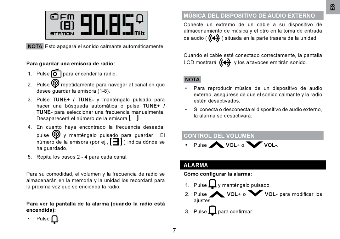 Oregon Scientific RRM902 user manual Música DEL Dispositivo DE Audio Externo, Control DEL Volumen, Alarma, Nota 