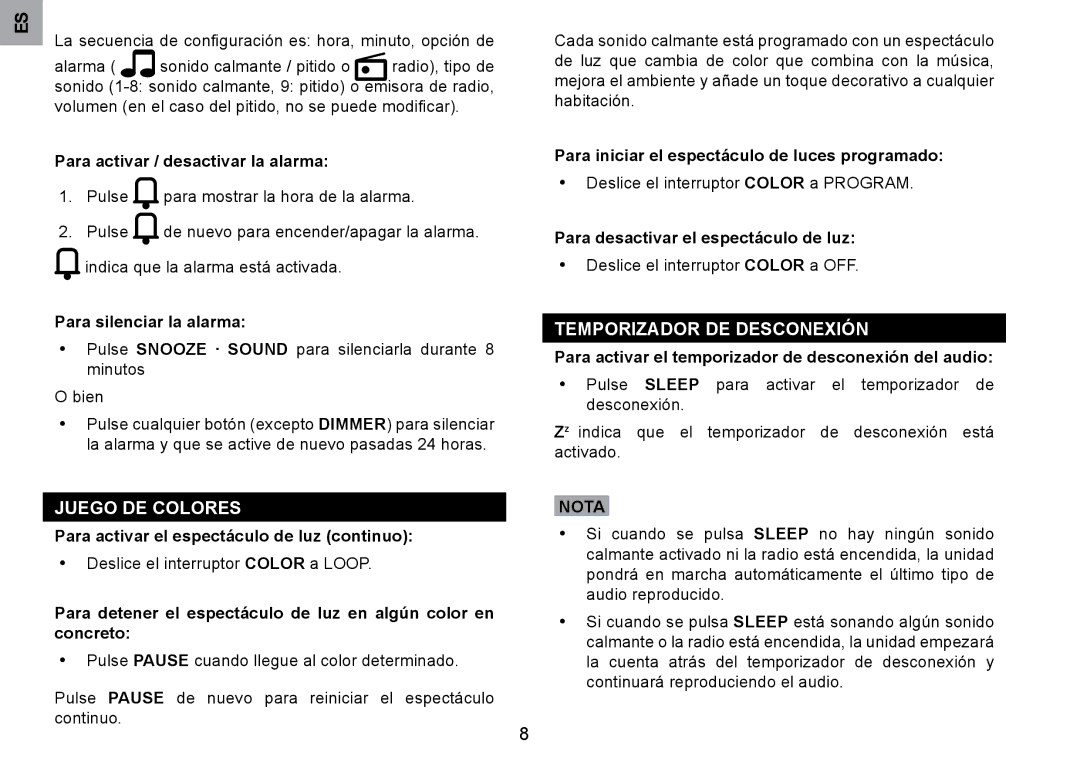 Oregon Scientific RRM902 user manual Juego DE Colores, Temporizador DE Desconexión 