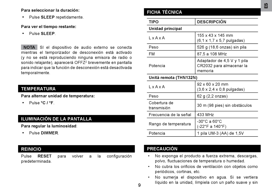 Oregon Scientific RRM902 Temperatura, Iluminación DE LA Pantalla, Ficha Técnica, Reinicio Precaución, Tipo Descripción 