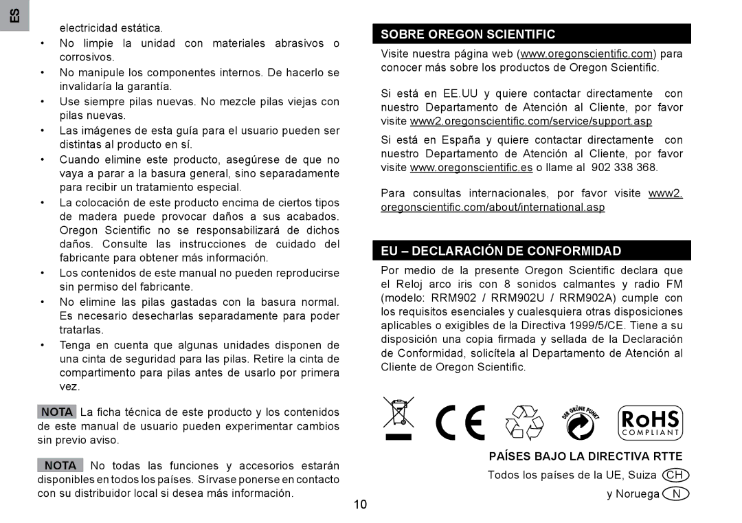 Oregon Scientific RRM902 user manual Sobre Oregon Scientific EU Declaración DE Conformidad, Países Bajo LA Directiva Rtte 