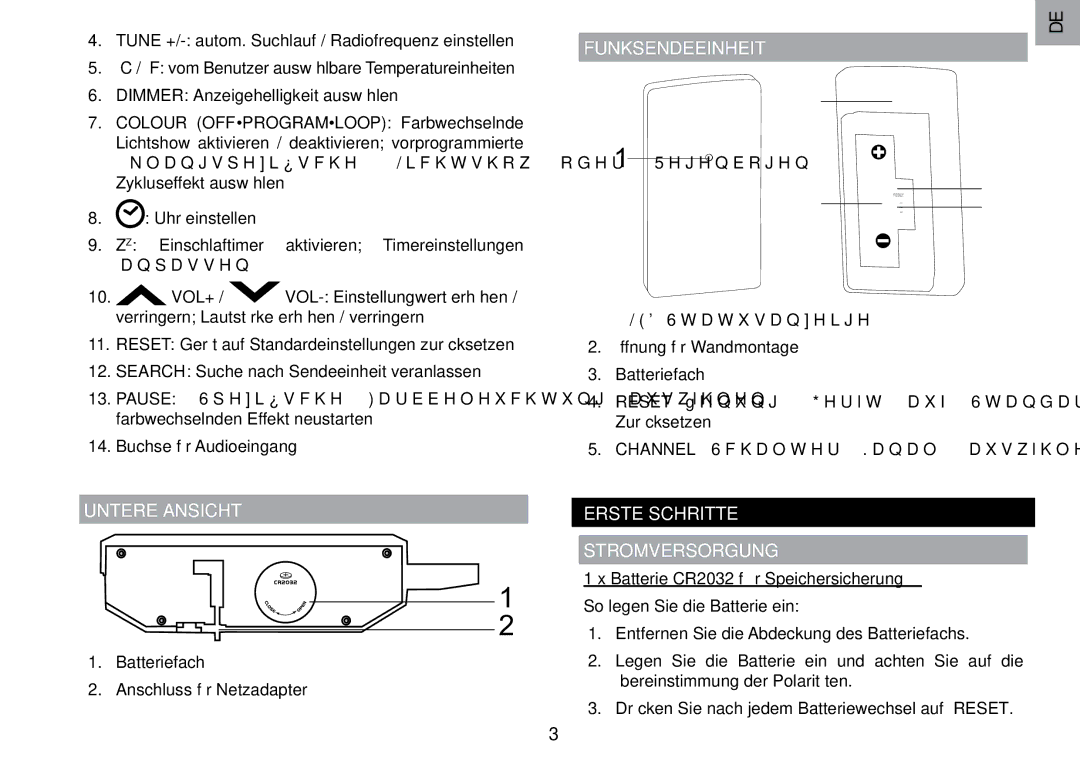 Oregon Scientific RRM902 user manual Funksendeeinheit, Untere Ansicht, Erste Schritte Stromversorgung 