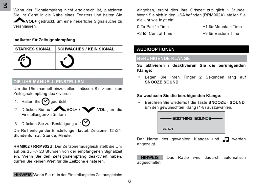 Oregon Scientific RRM902 user manual DIE UHR Manuell Einstellen, Audiooptionen Beruhigende Klänge, Snooze·Sound, Hinweis 