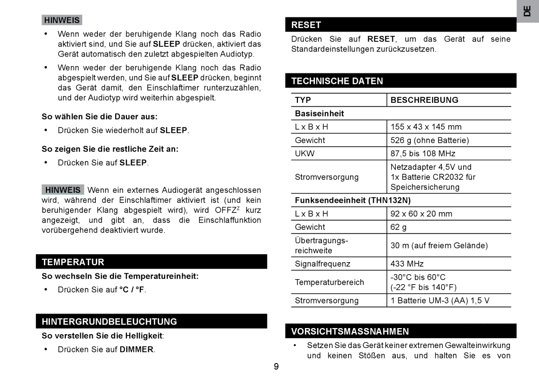 Oregon Scientific RRM902 Temperatur, Hintergrundbeleuchtung, Technische Daten, Vorsichtsmassnahmen, TYP Beschreibung 