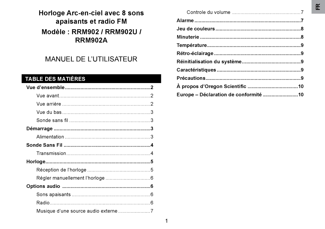 Oregon Scientific RRM902 user manual Table DES Matières 