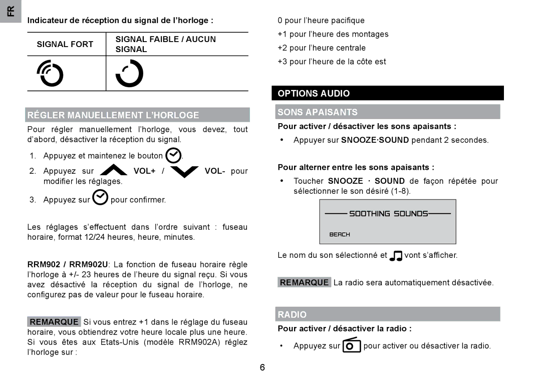 Oregon Scientific RRM902 Régler Manuellement L’HORLOGE, Options Audio Sons Apaisants, Signal Fort Signal Faible / Aucun 