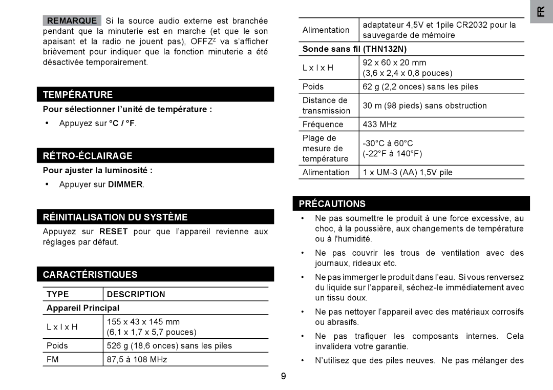 Oregon Scientific RRM902 Température, Rétro-Éclairage, Réinitialisation DU Système, Caractéristiques, Précautions 