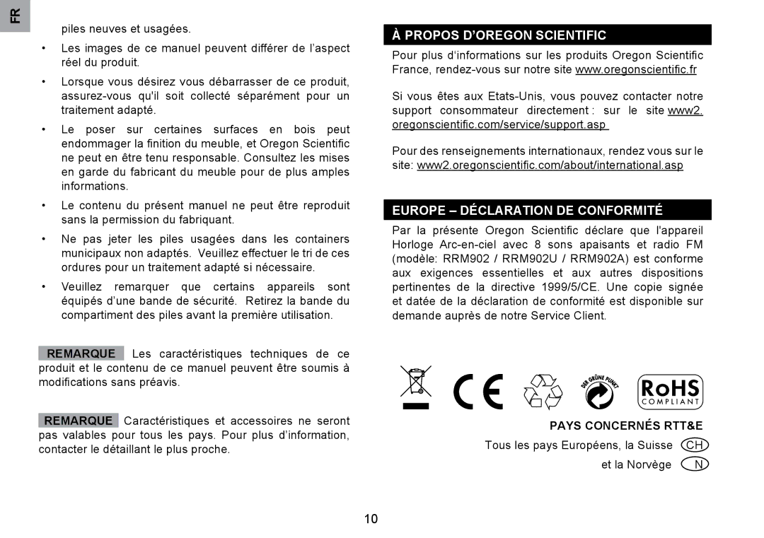 Oregon Scientific RRM902 user manual Propos D’OREGON Scientific Europe Déclaration DE Conformité, Pays Concernés RTT&E 