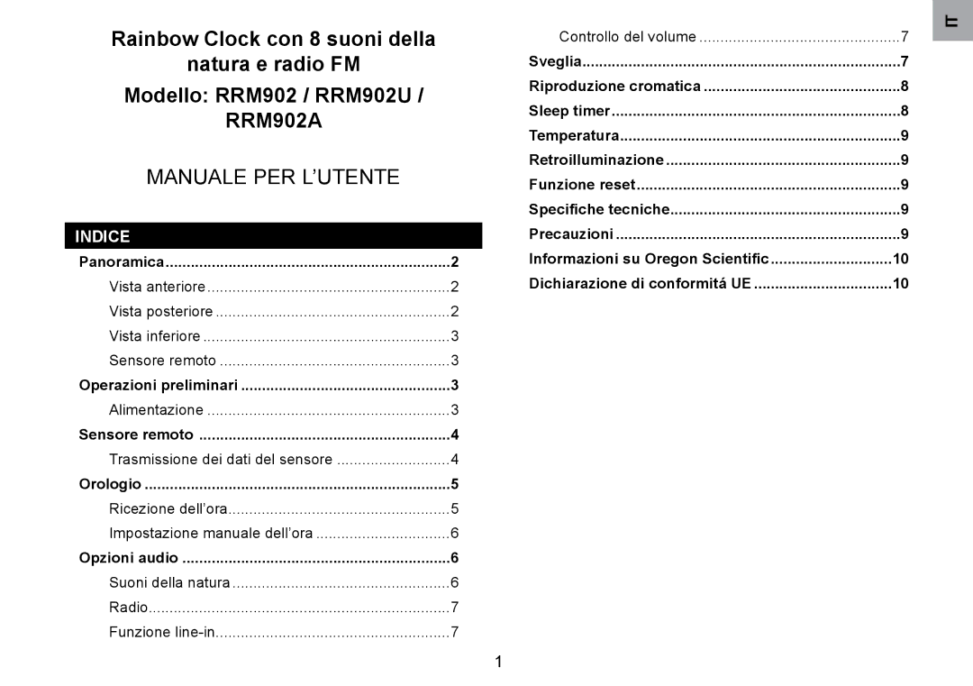 Oregon Scientific RRM902 user manual Indice 