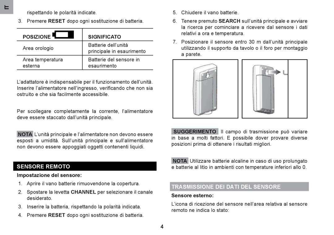 Oregon Scientific RRM902 user manual Trasmissione DEI Dati DEL Sensore, Posizione Significato, Impostazione del sensore 