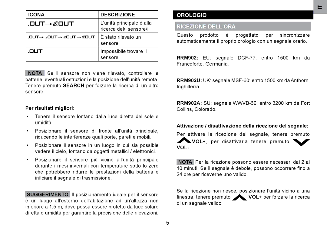 Oregon Scientific RRM902 user manual Orologio Ricezione DELL’ORA, Icona Descrizione, Per risultati migliori, Vol 