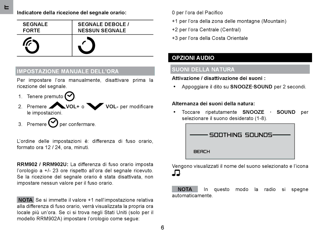 Oregon Scientific RRM902 user manual Impostazione Manuale DELL’ORA, Opzioni Audio Suoni Della Natura 