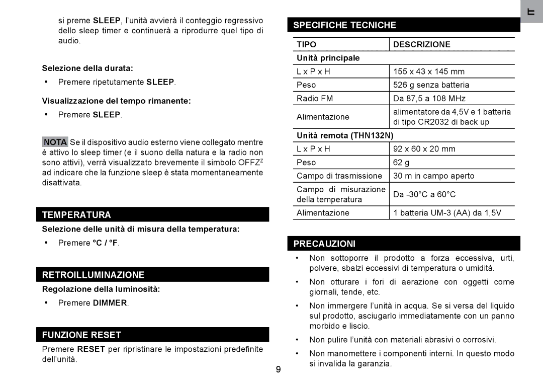 Oregon Scientific RRM902 user manual Retroilluminazione, Funzione Reset, Specifiche Tecniche, Precauzioni, Tipo Descrizione 