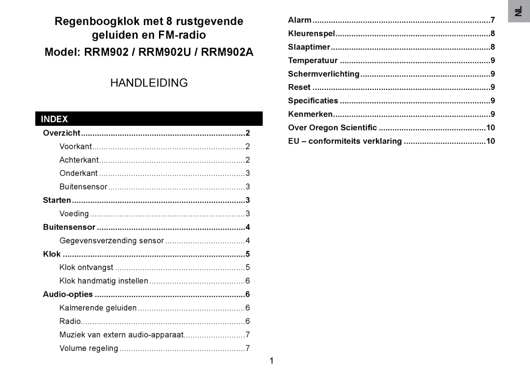 Oregon Scientific RRM902 user manual Overzicht, Starten, Buitensensor, Klok, Audio-opties 