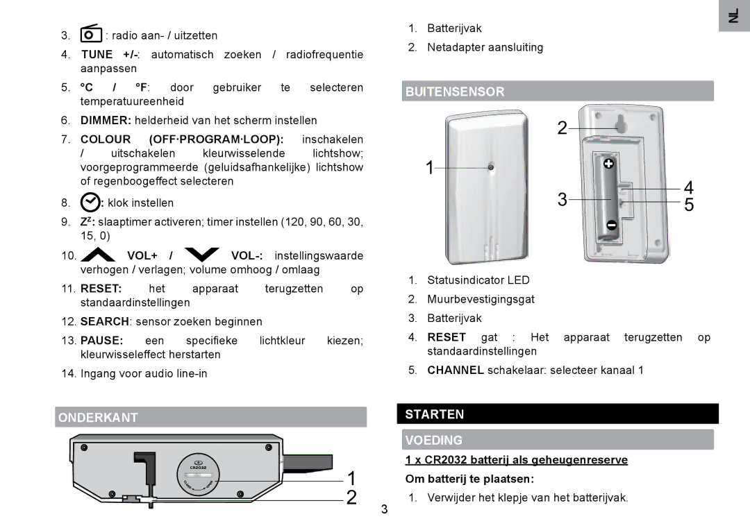 Oregon Scientific RRM902 user manual Buitensensor, Onderkant Starten Voeding, Colour OFF·PROGRAM·LOOP 