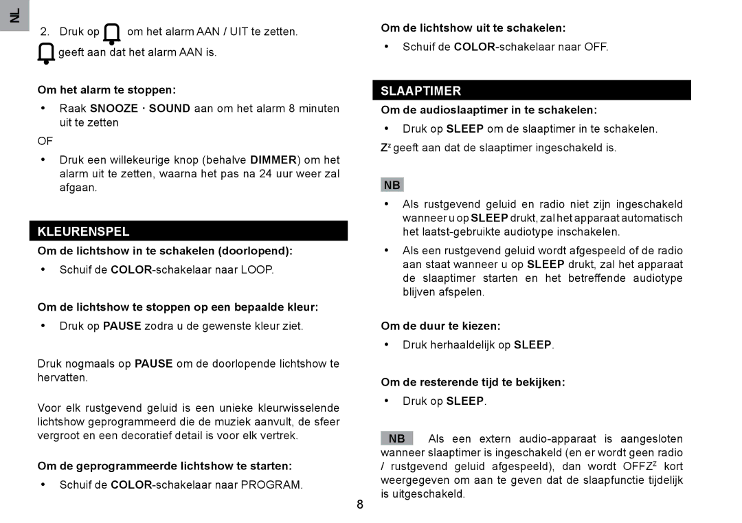 Oregon Scientific RRM902 user manual Kleurenspel, Slaaptimer 