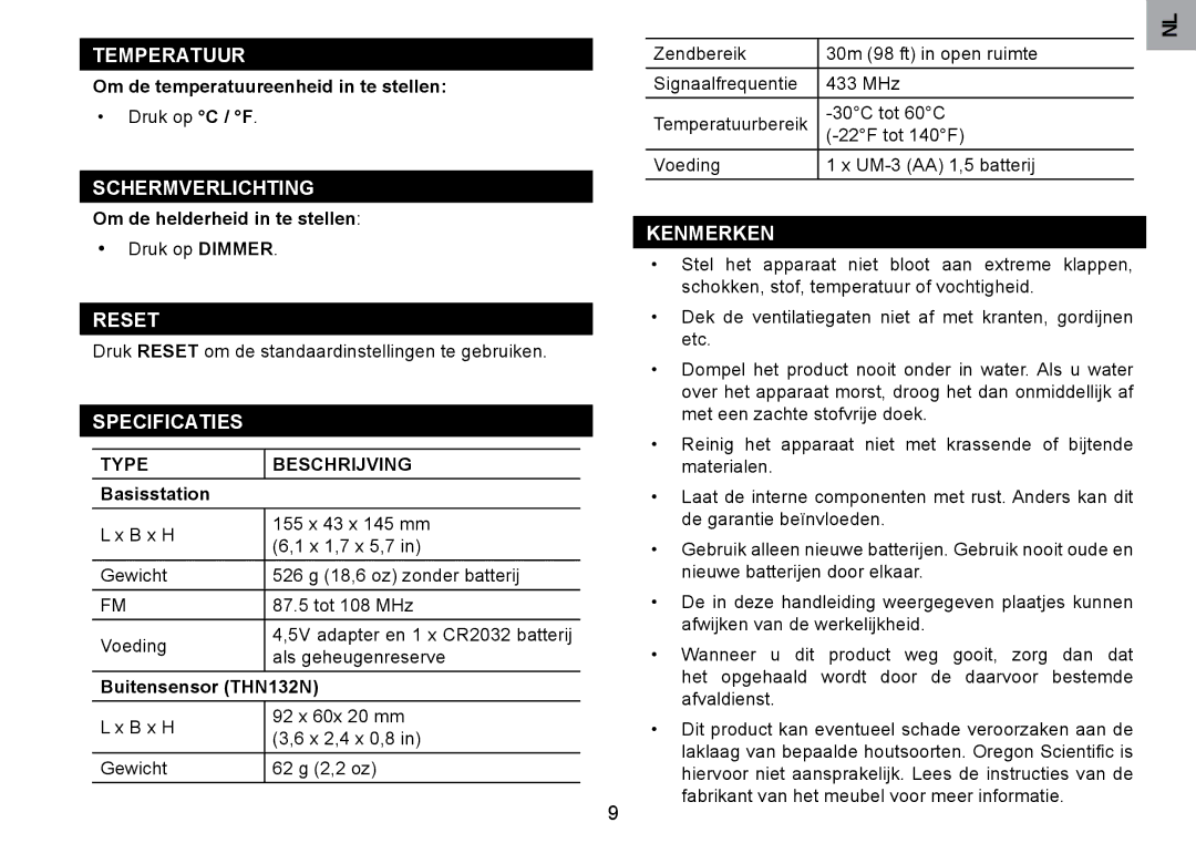 Oregon Scientific RRM902 user manual Temperatuur, Schermverlichting, Specificaties, Kenmerken, Type Beschrijving 