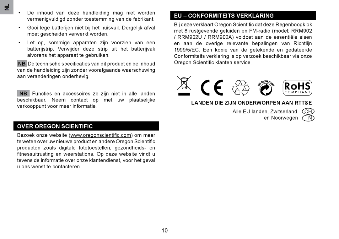 Oregon Scientific RRM902 EU Conformiteits Verklaring, Over Oregon Scientific, Landen DIE Zijn Onderworpen AAN RTT&E 