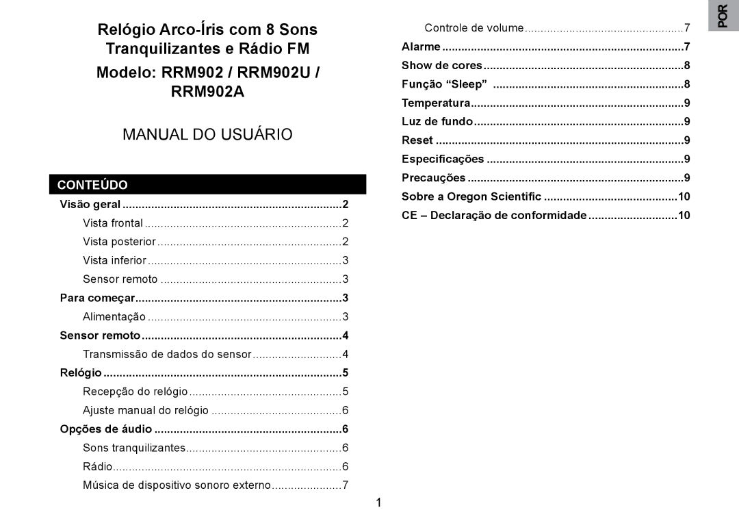 Oregon Scientific RRM902 user manual Conteúdo, Visão geral, Para começar, Relógio, Opções de áudio 