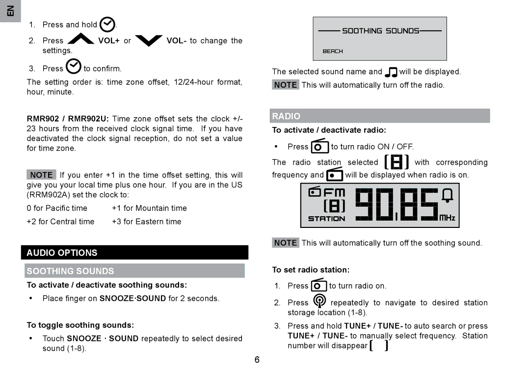 Oregon Scientific RRM902 user manual Audio Options Soothing Sounds, Radio 