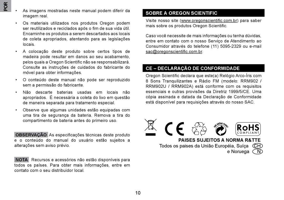 Oregon Scientific RRM902 user manual Sobre a Oregon Scientific, CE Declaração DE Conformidade 