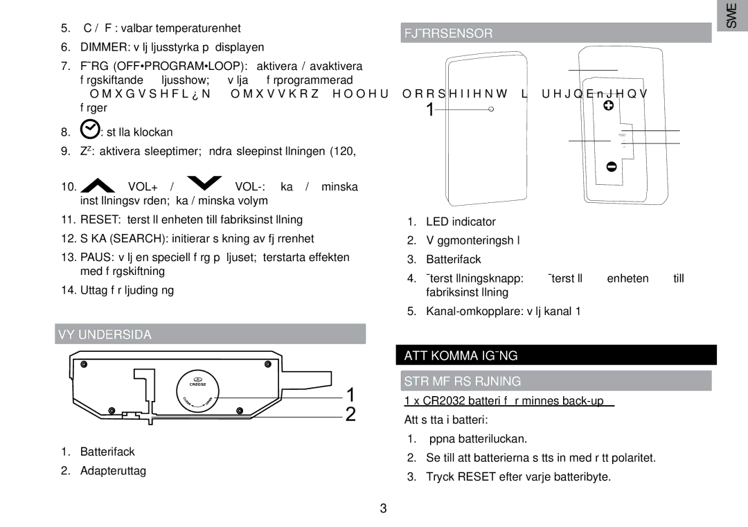 Oregon Scientific RRM902 user manual VY Undersida, Fjärrsensor, ATT Komma Igång Strömförsörjning 