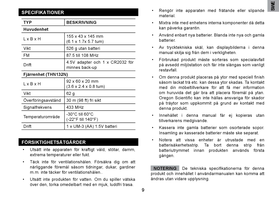 Oregon Scientific RRM902 Specifikationer, Försiktighetsåtgärder, TYP Beskrivning, Huvudenhet, Fjärrenhet THN132N 