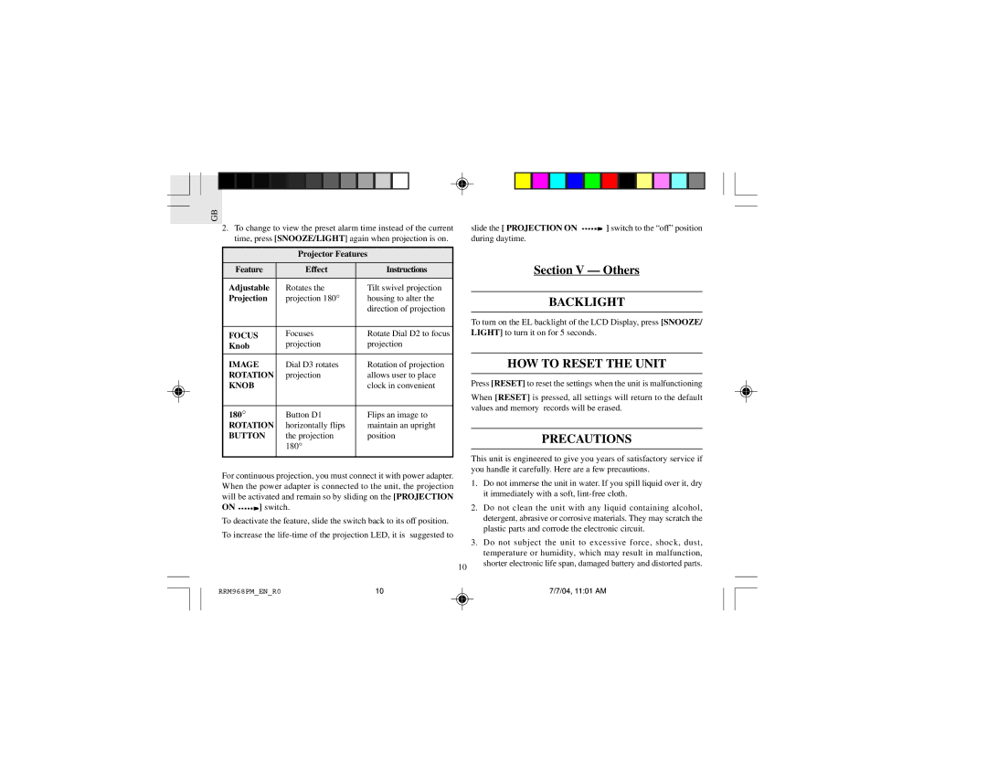 Oregon Scientific RRM968PU instruction manual Backlight, HOW to Reset the Unit, Precautions 