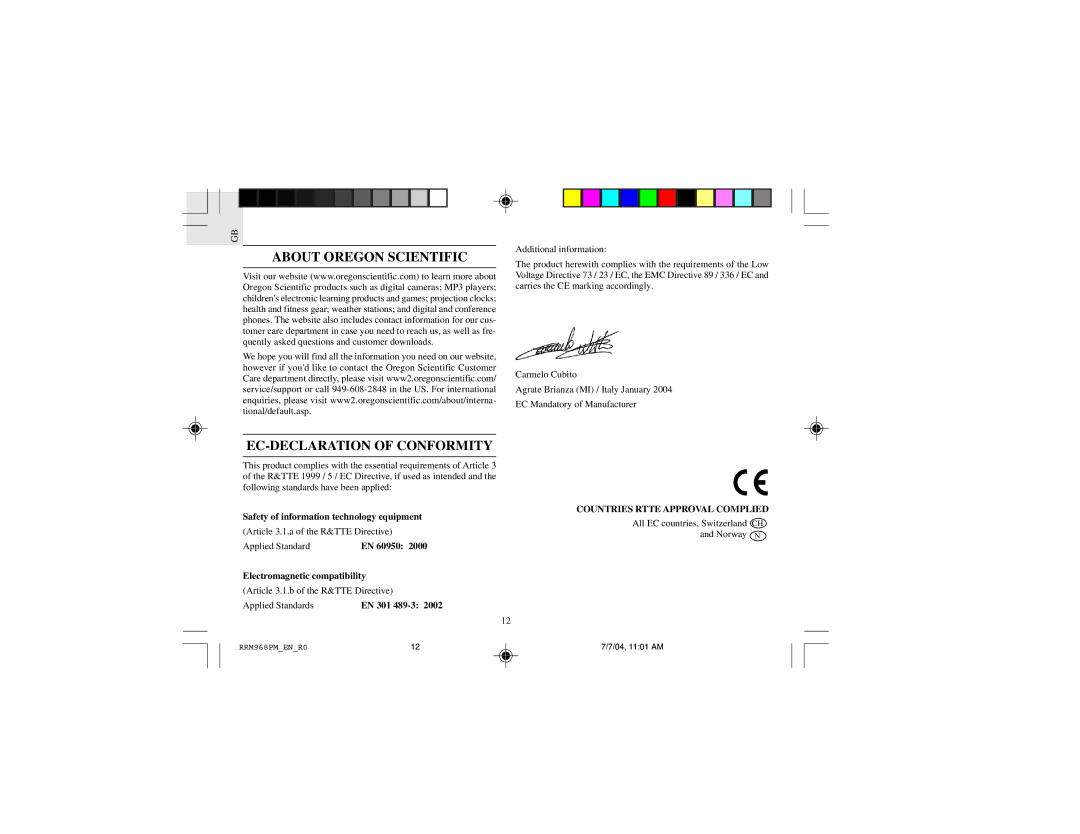 Oregon Scientific RRM968PU About Oregon Scientific, EC-DECLARATION of Conformity, Countries Rtte Approval Complied 