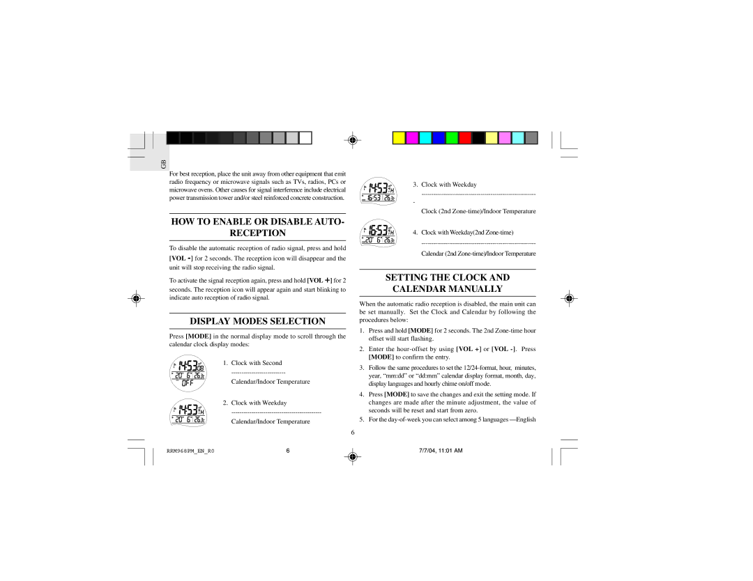 Oregon Scientific RRM968PU instruction manual HOW to Enable or Disable Auto Reception, Display Modes Selection 