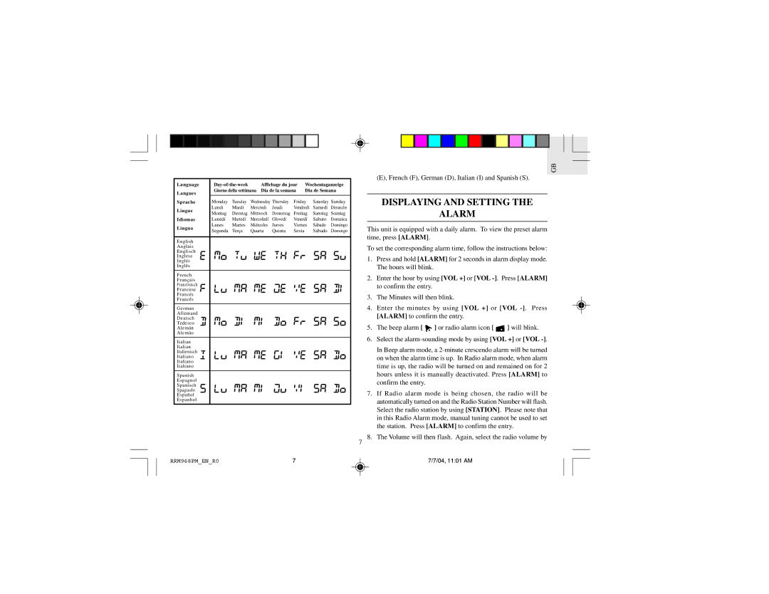 Oregon Scientific RRM968PU instruction manual Displaying and Setting Alarm, Lingue 