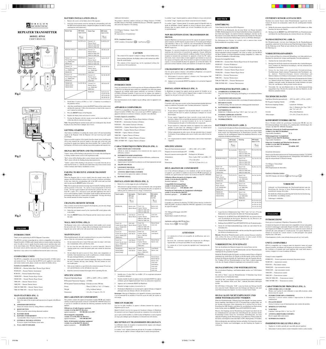 Oregon Scientific RT918 specifications Battery Installation, Einführung, Externen Sensor Austauschen, Introduction 