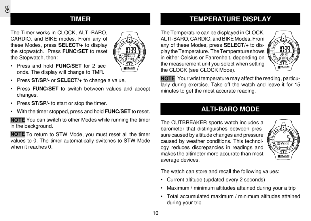 Oregon Scientific RX109 user manual Timer, Temperature Display, ALTI-BARO Mode 