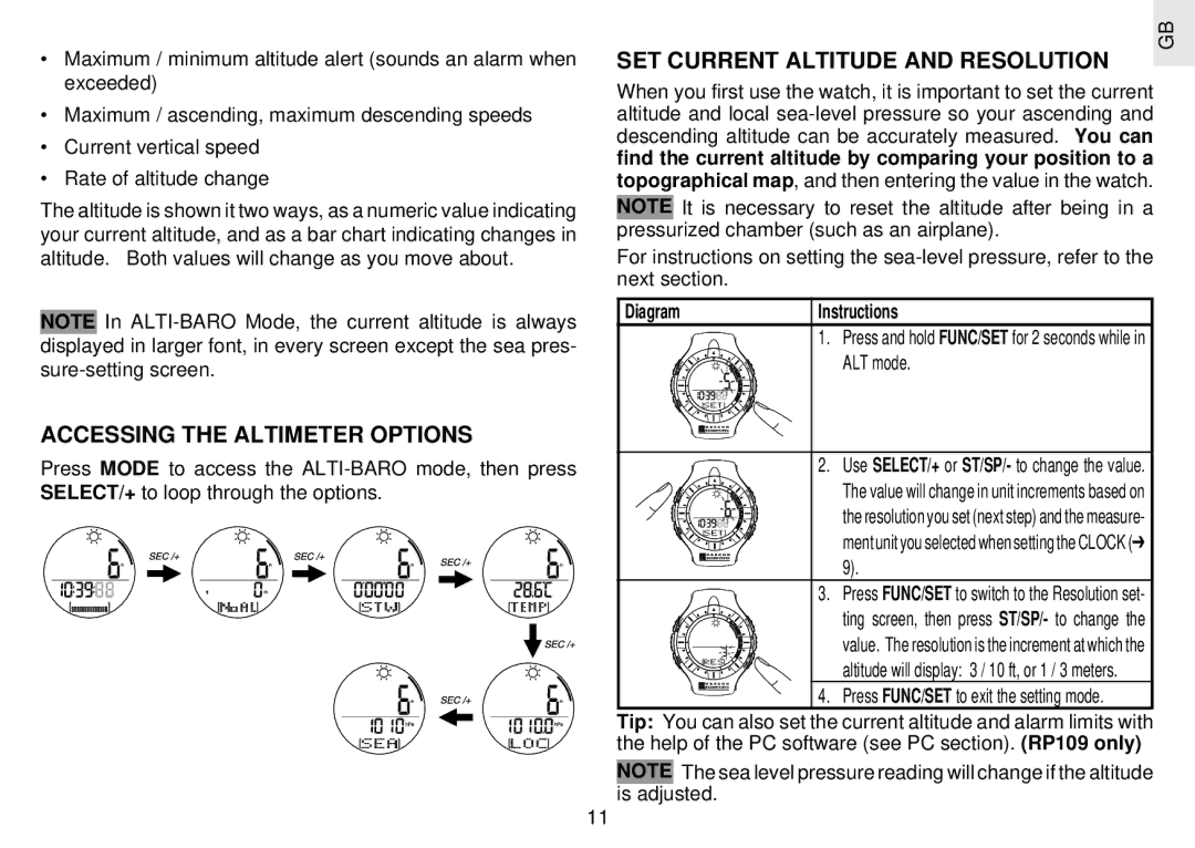 Oregon Scientific RX109 user manual Accessing the Altimeter Options, SET Current Altitude and Resolution, ALT mode 