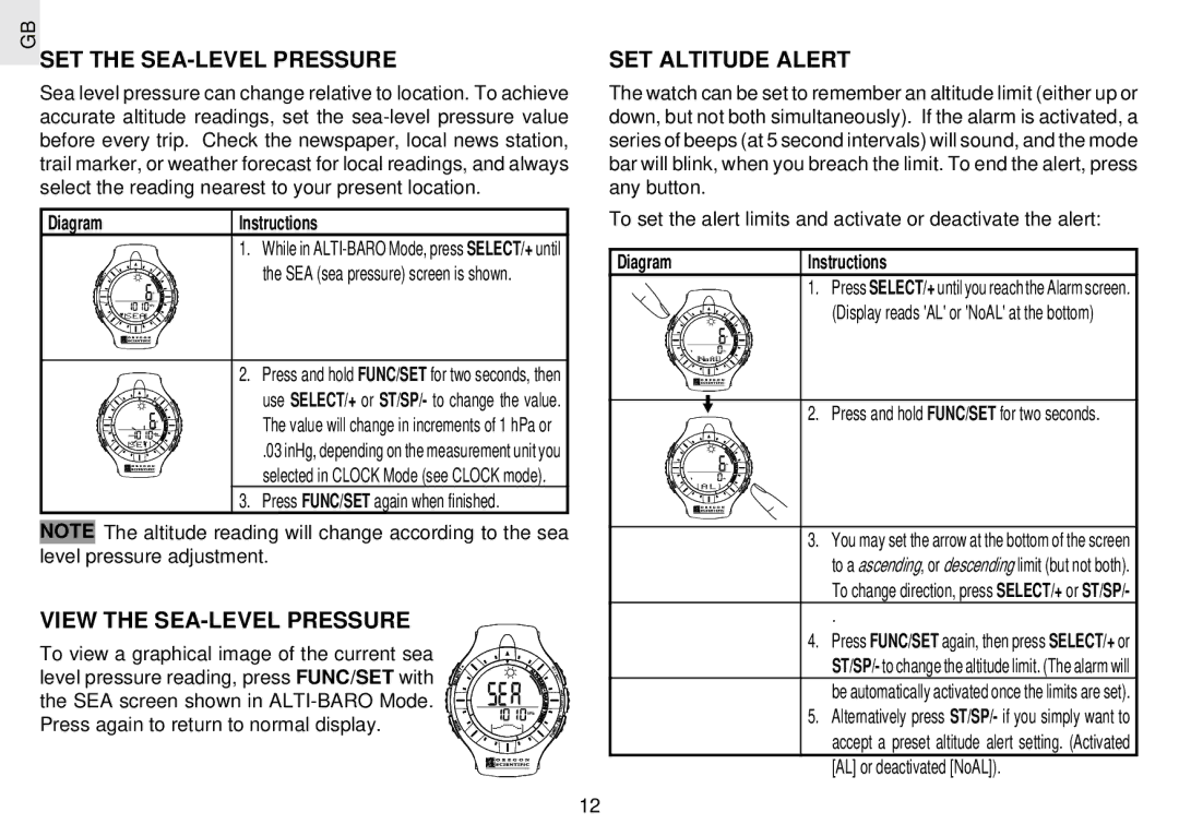 Oregon Scientific RX109 user manual SET the SEA-LEVEL Pressure, View the SEA-LEVEL Pressure, SET Altitude Alert 