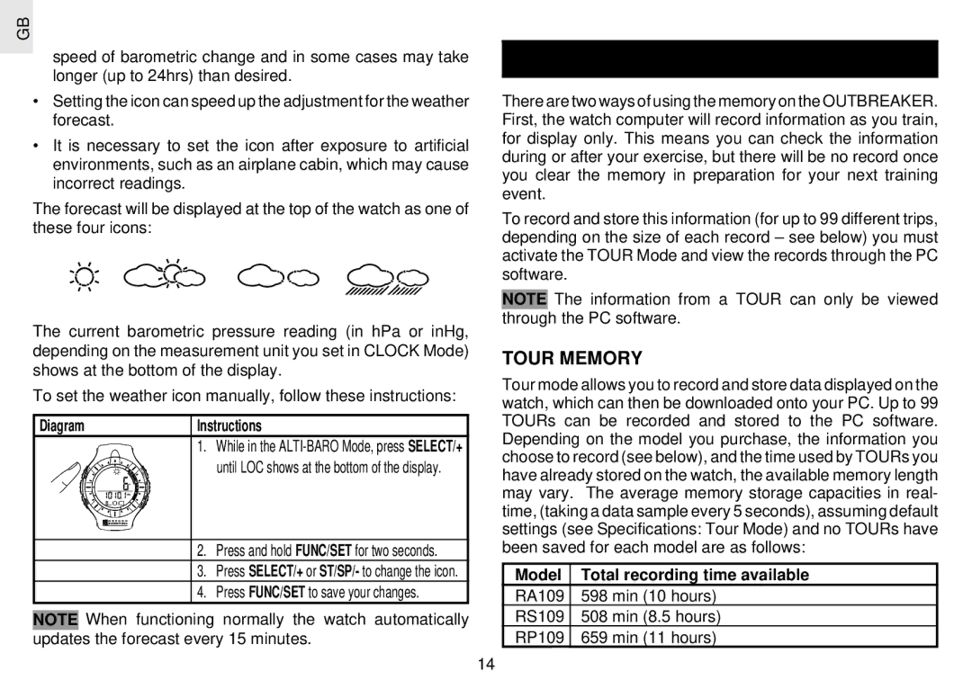 Oregon Scientific RX109 user manual Tour Mode, Tour Memory, Model Total recording time available 