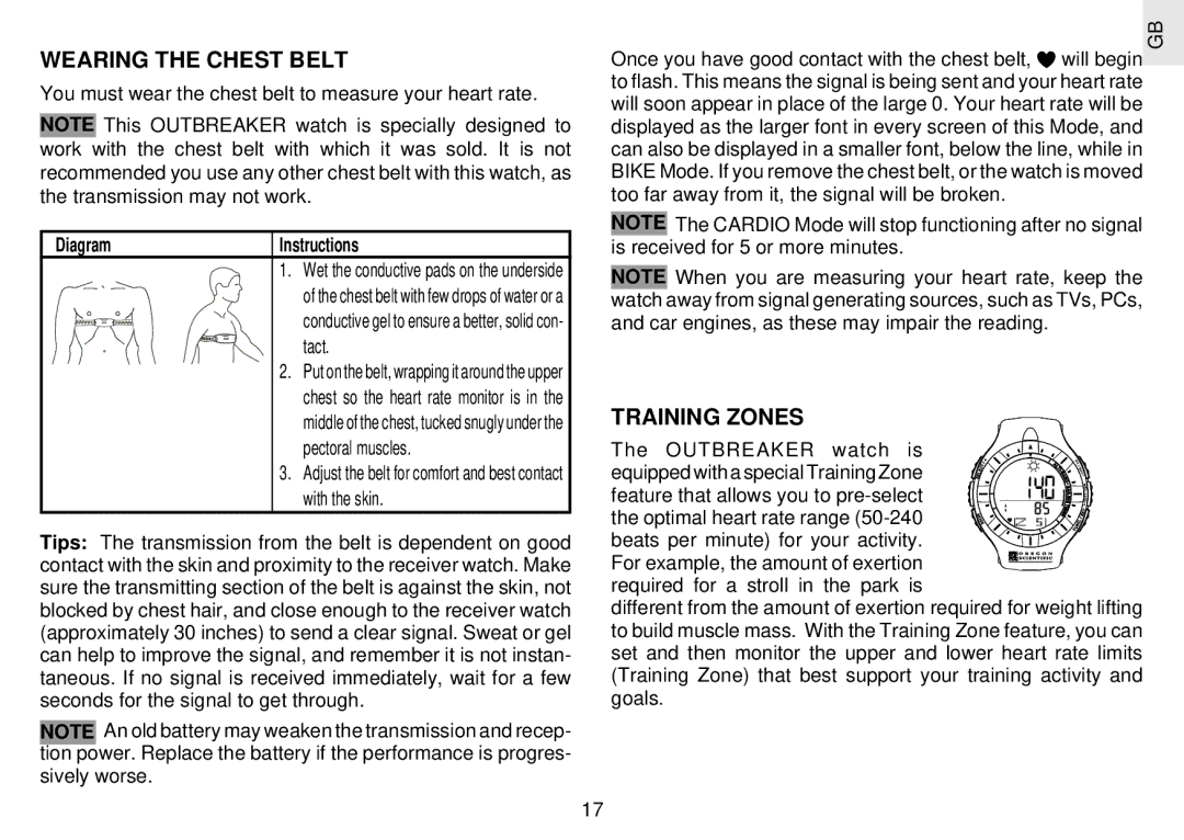 Oregon Scientific RX109 user manual Wearing the Chest Belt, Training Zones 