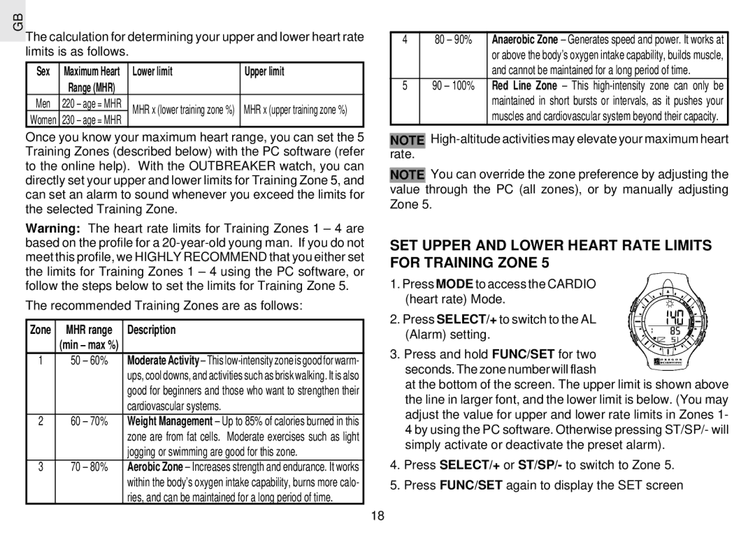 Oregon Scientific RX109 SET Upper and Lower Heart Rate Limits for Training Zone, Sex, Lower limit Upper limit, Description 