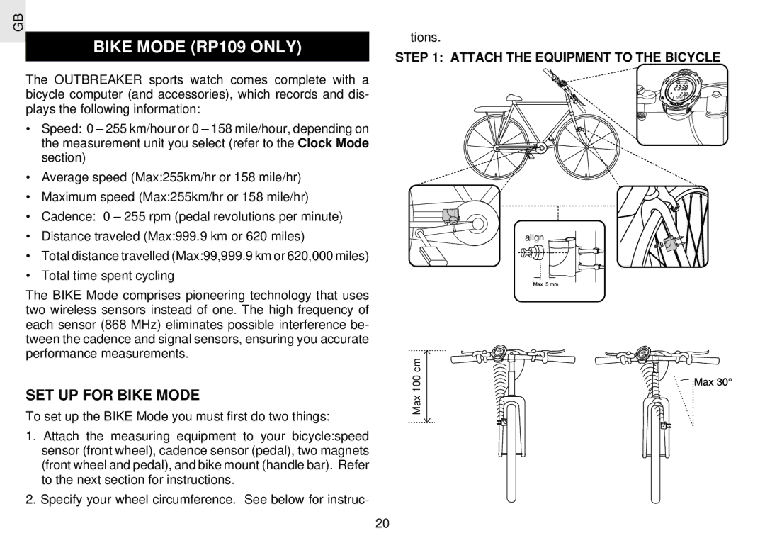 Oregon Scientific RX109 user manual Bike Mode RP109 only, SET UP for Bike Mode, Attach the Equipment to the Bicycle 