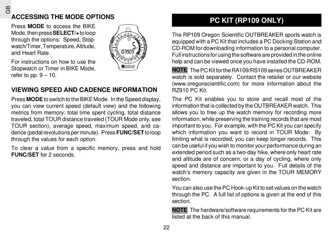 Oregon Scientific RX109 user manual PC KIT RP109 only, Accessing the Mode Options, Viewing Speed and Cadence Information 