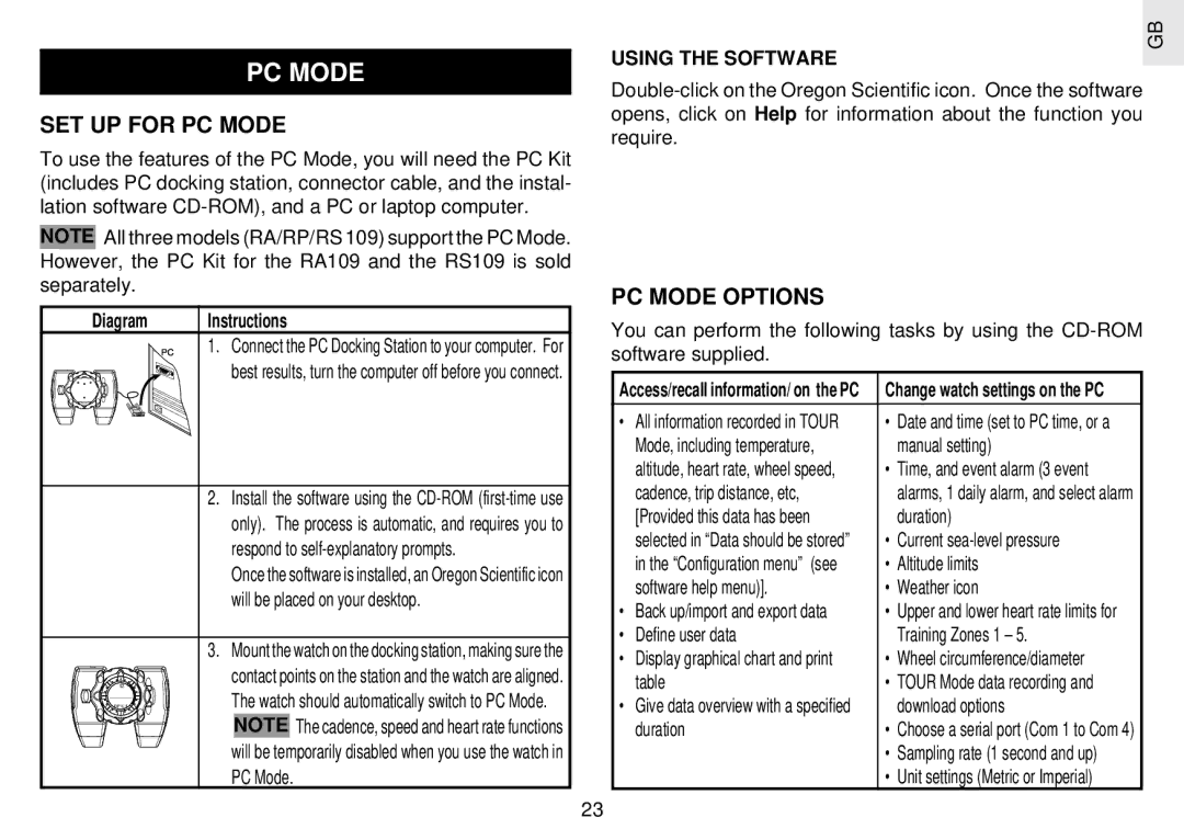 Oregon Scientific RX109 user manual SET UP for PC Mode, PC Mode Options, Using the Software 