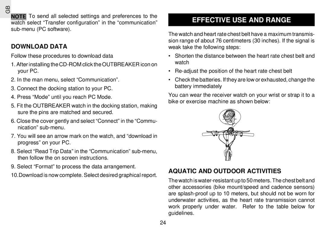 Oregon Scientific RX109 user manual Effective USE and Range, Download Data, Aquatic and Outdoor Activities 