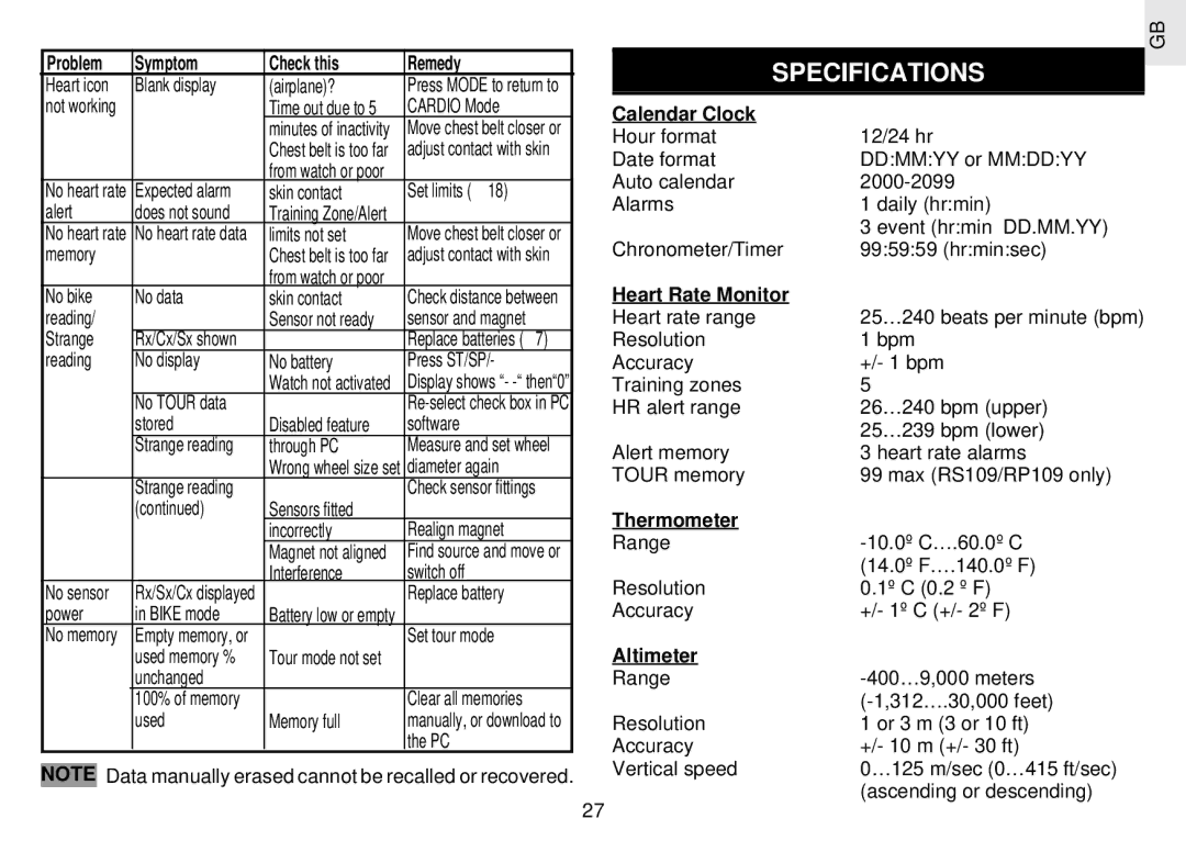 Oregon Scientific RX109 user manual Specifications, Calendar Clock, Heart Rate Monitor, Thermometer, Altimeter 