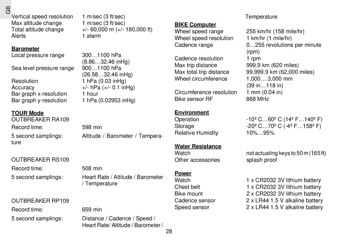 Oregon Scientific RX109 user manual Barometer, Tour Mode, Bike Computer, Environment, Water Resistance, Power 