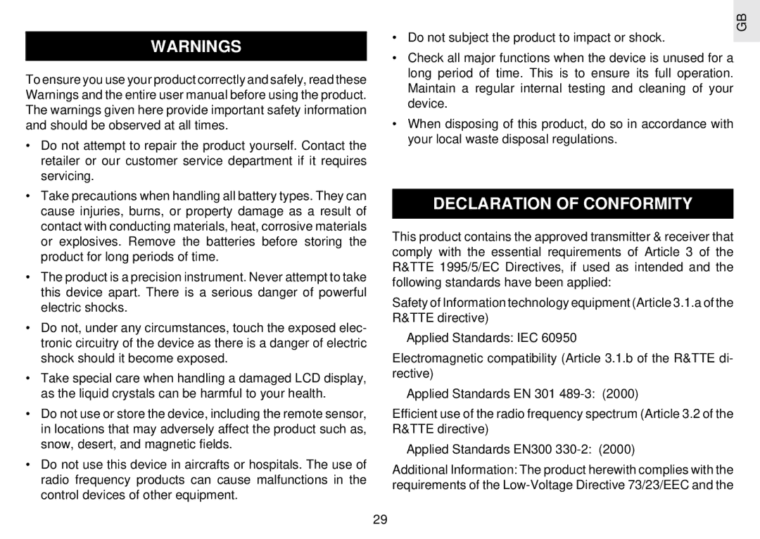 Oregon Scientific RX109 user manual Declaration of Conformity 