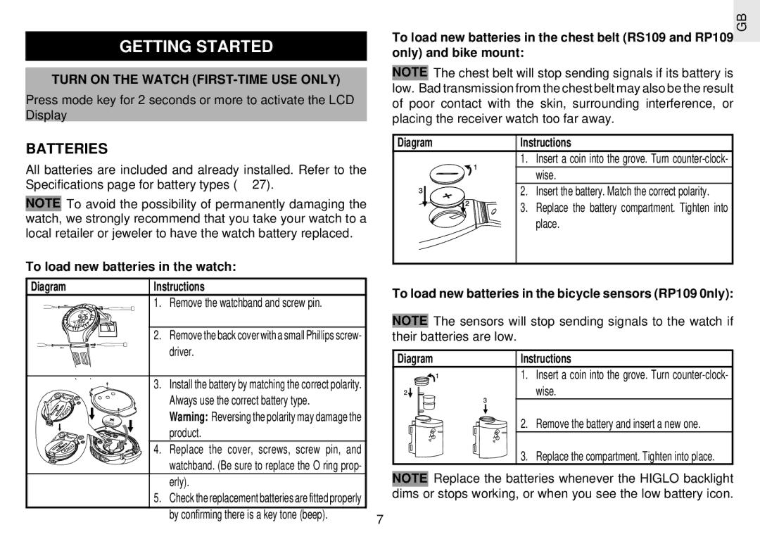 Oregon Scientific RX109 user manual Getting Started, Batteries, Turn on the Watch FIRST-TIME USE only 