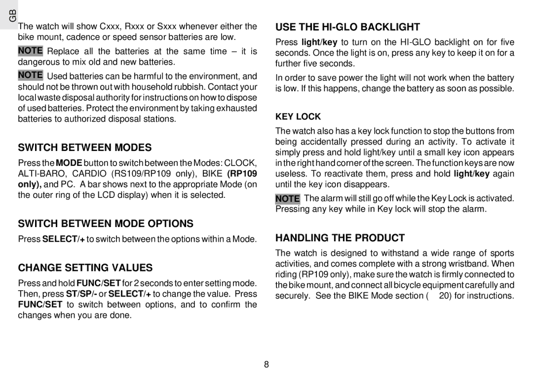 Oregon Scientific RX109 Switch Between Modes, Switch Between Mode Options, Change Setting Values, USE the HI-GLO Backlight 