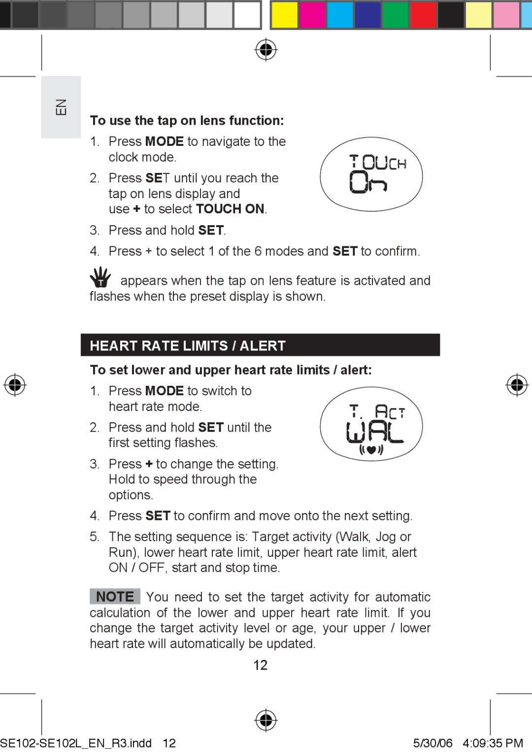 Oregon Scientific SE102L user manual To use the tap on lens function, Heart Rate Limits / Alert 