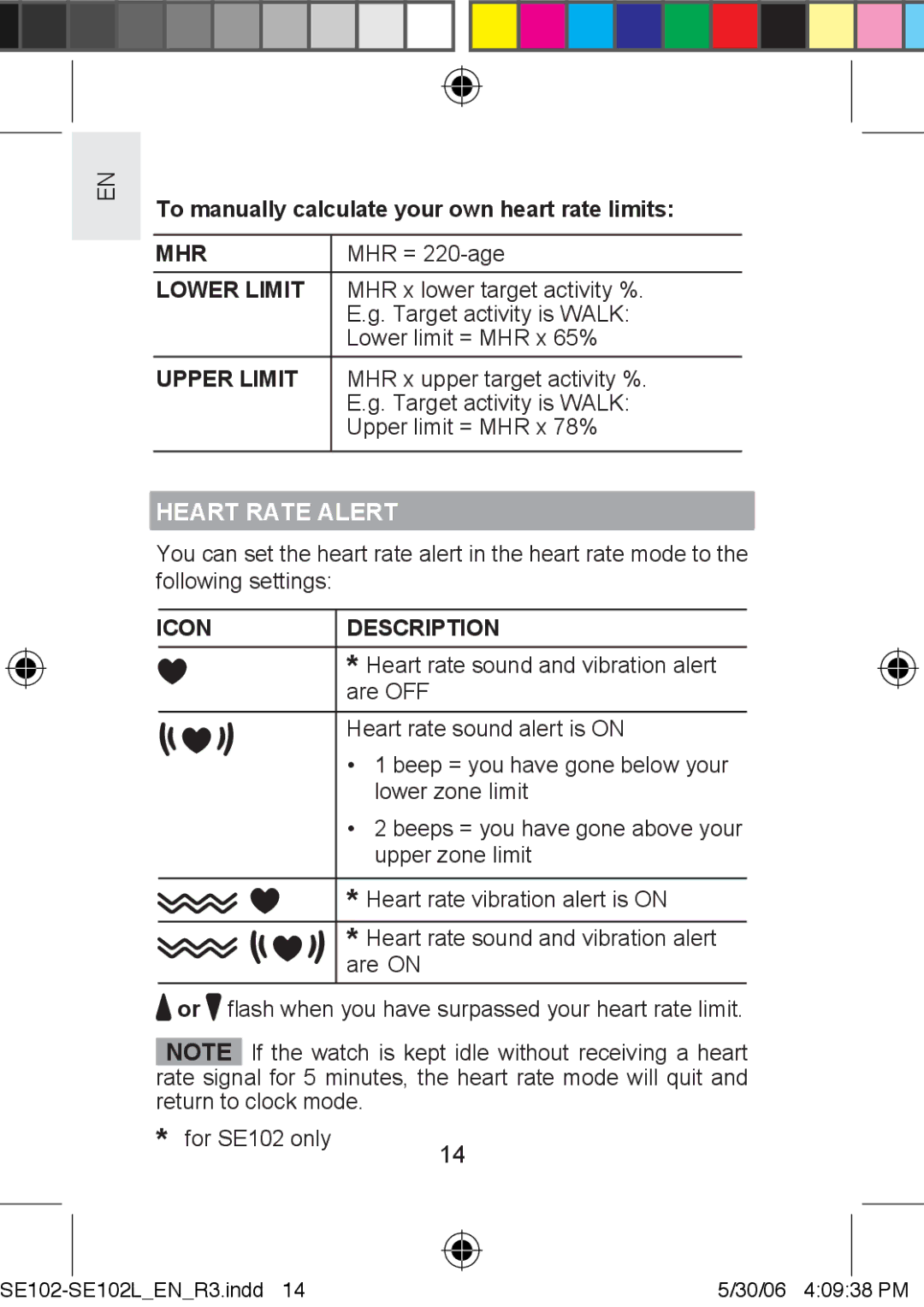 Oregon Scientific SE102L To manually calculate your own heart rate limits, Mhr, Lower Limit, Upper Limit, Heart Rate Alert 