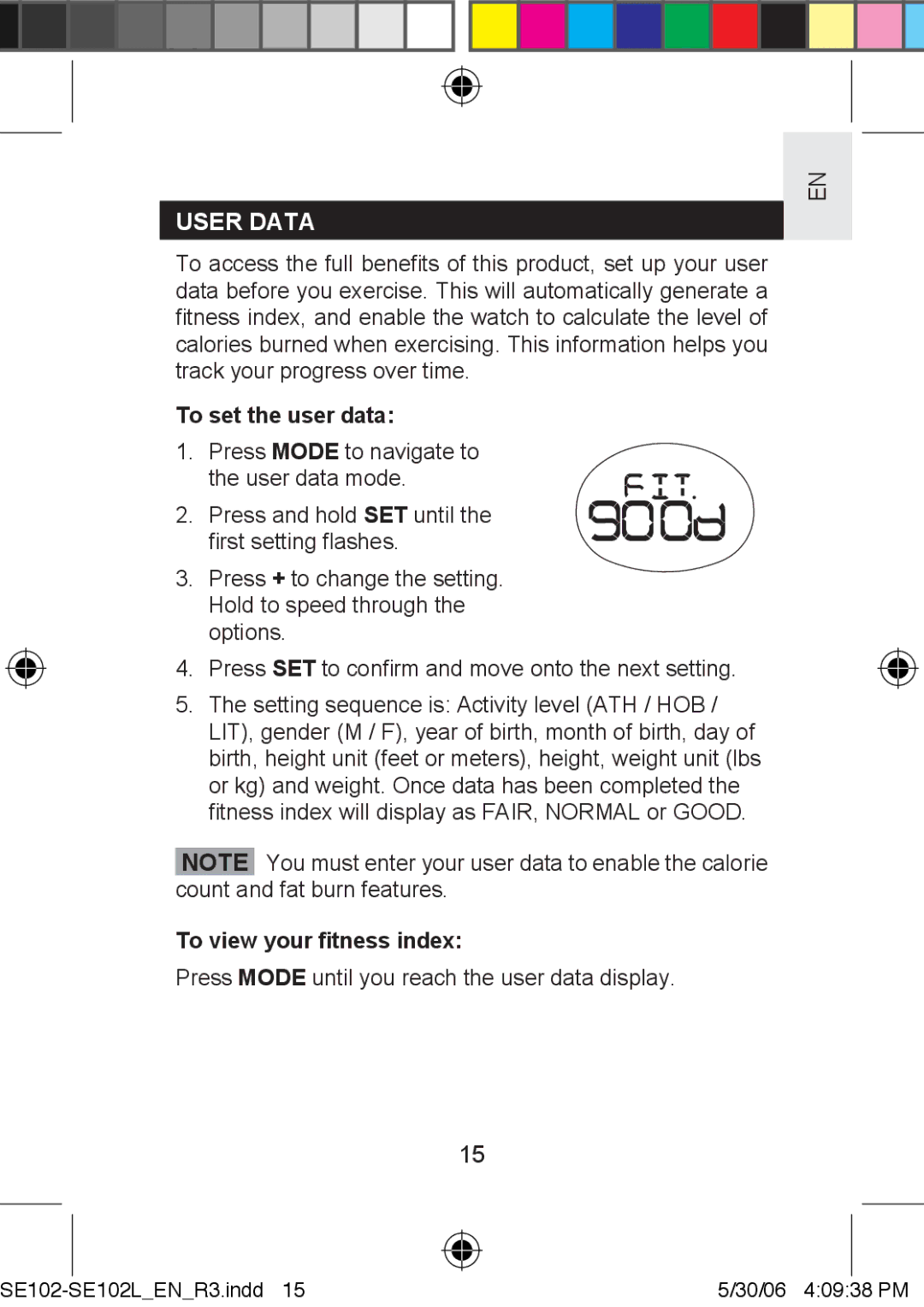 Oregon Scientific SE102L user manual User Data, To set the user data, To view your ﬁtness index 