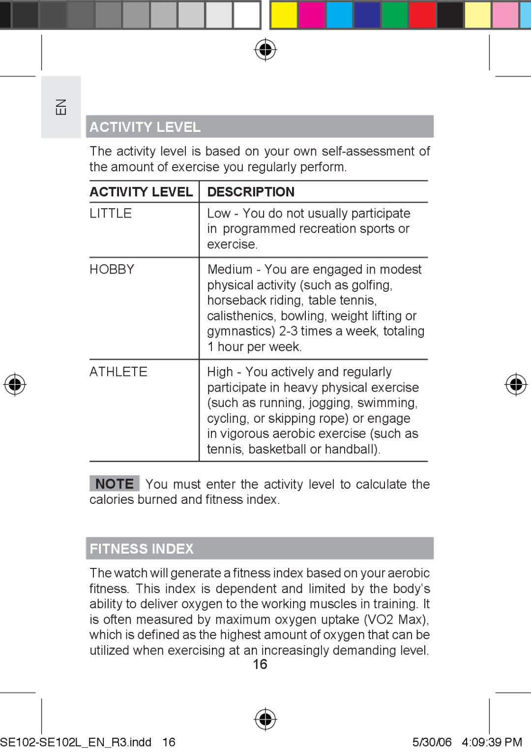 Oregon Scientific SE102L user manual Activity Level Description, Fitness Index 